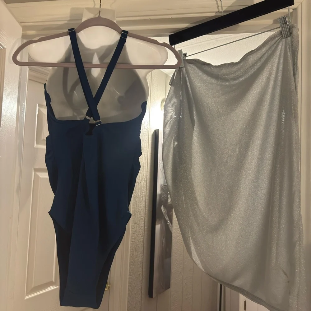 NWT Maternity Elegant Royale Blue 1 piece swimsuit with Silver shimmery Wrap